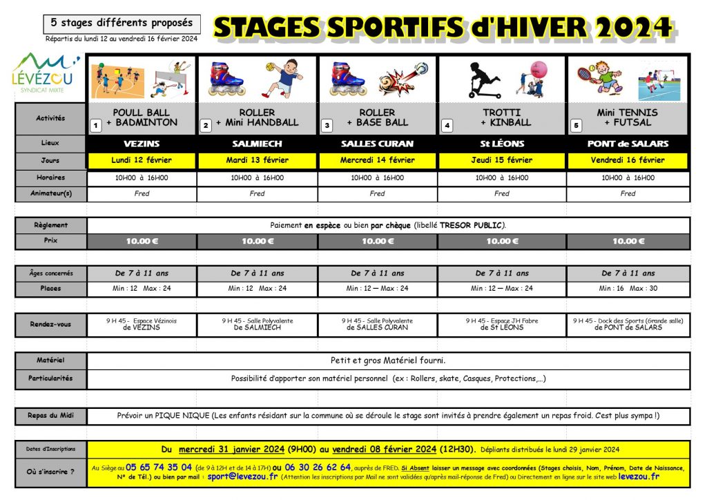 Lévézou - Plaquettes stages sport HIVER 2024